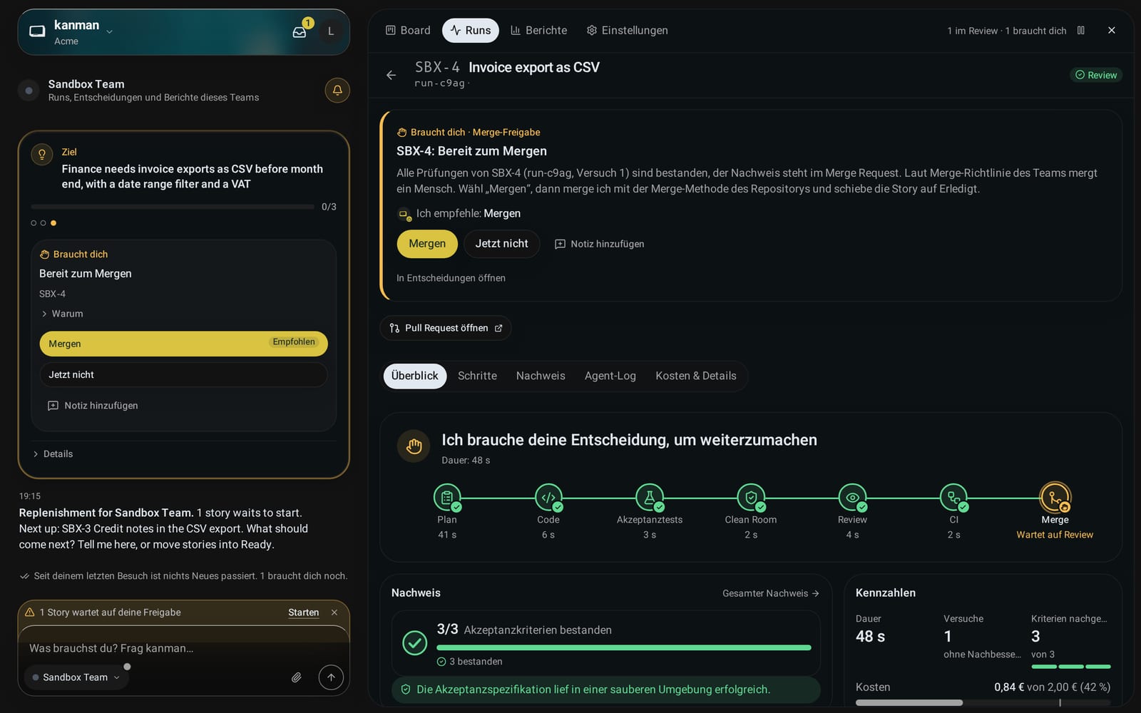 Die Run-Seite einer Story: Stufen von der Planung bis zum Review, Fortschrittszeilen, der Pull Request und die Kosten gegen das Run-Budget